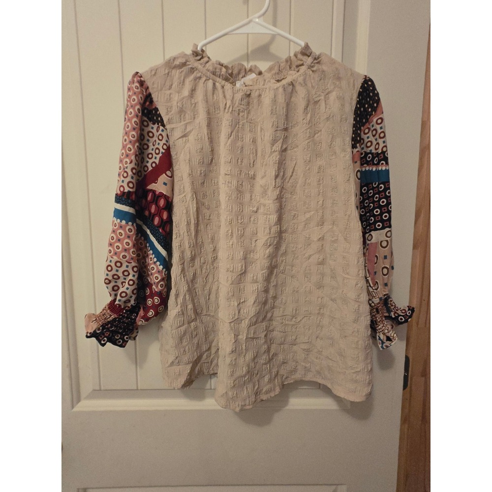 Ces Femme Boho Patchwork Sleeve Peasant Blouse Small Cream Crinkle Textured Top